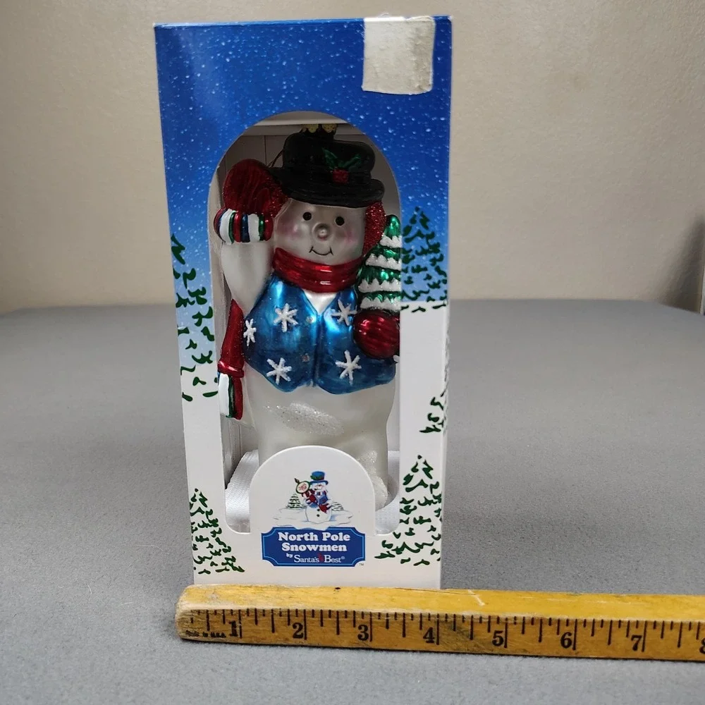 SANTAS BEST Jumbo Snowman Christmas Tree Ornament Mouth Blown Glass Hand Crafted